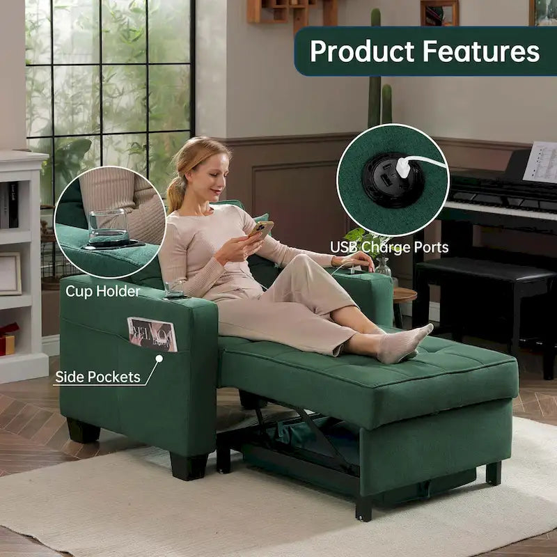 Fauteuil Futon Convertible 3-en-1, Canapé Lit Pliant pour Salon