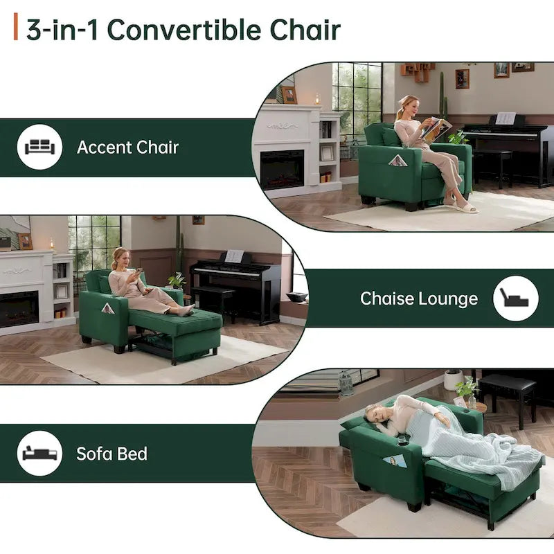 Fauteuil Futon Convertible 3-en-1, Canapé Lit Pliant pour Salon