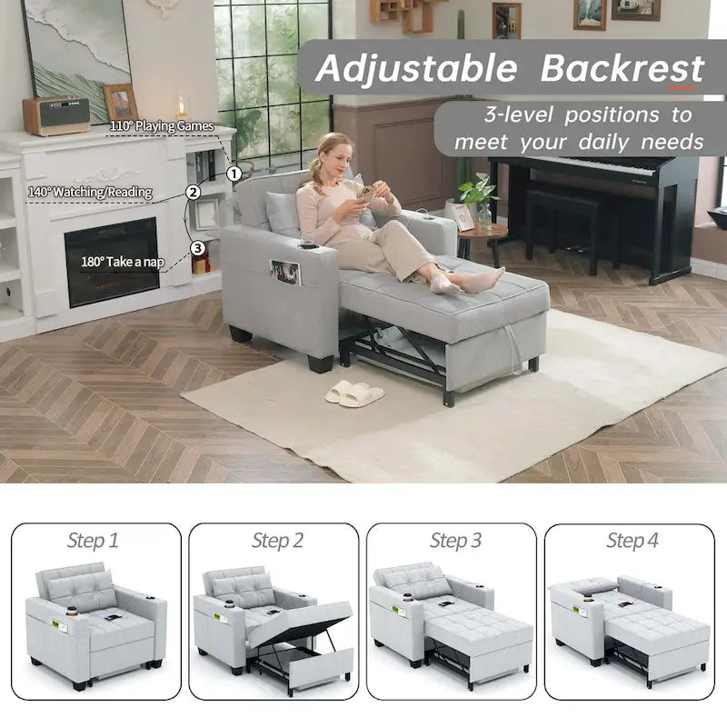 Fauteuil Futon Convertible 3-en-1, Canapé Lit Pliant pour Salon
