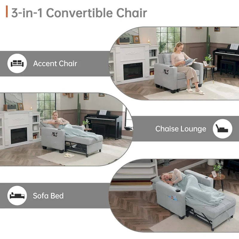 Fauteuil Futon Convertible 3-en-1, Canapé Lit Pliant pour Salon