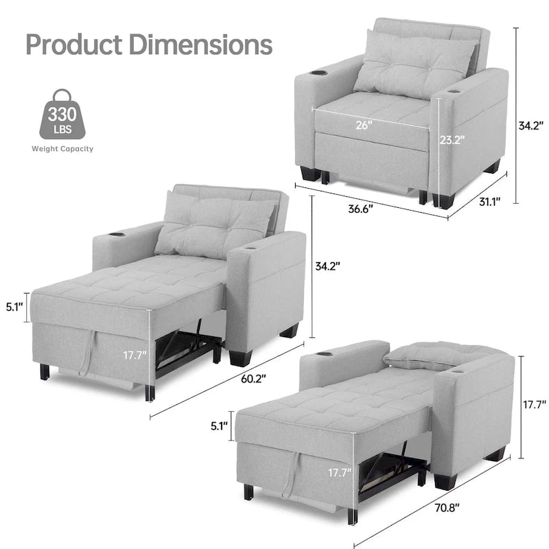 Fauteuil Futon Convertible 3-en-1, Canapé Lit Pliant pour Salon