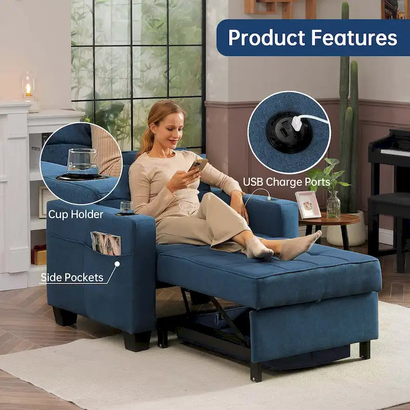 Fauteuil Futon Convertible 3-en-1, Canapé Lit Pliant pour Salon