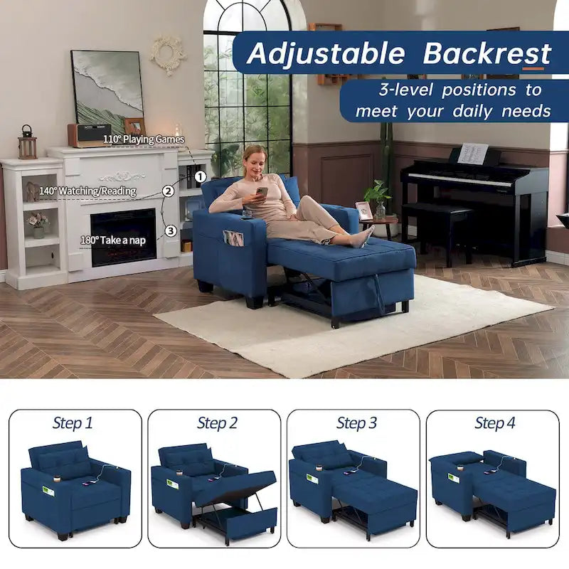 Fauteuil Futon Convertible 3-en-1, Canapé Lit Pliant pour Salon