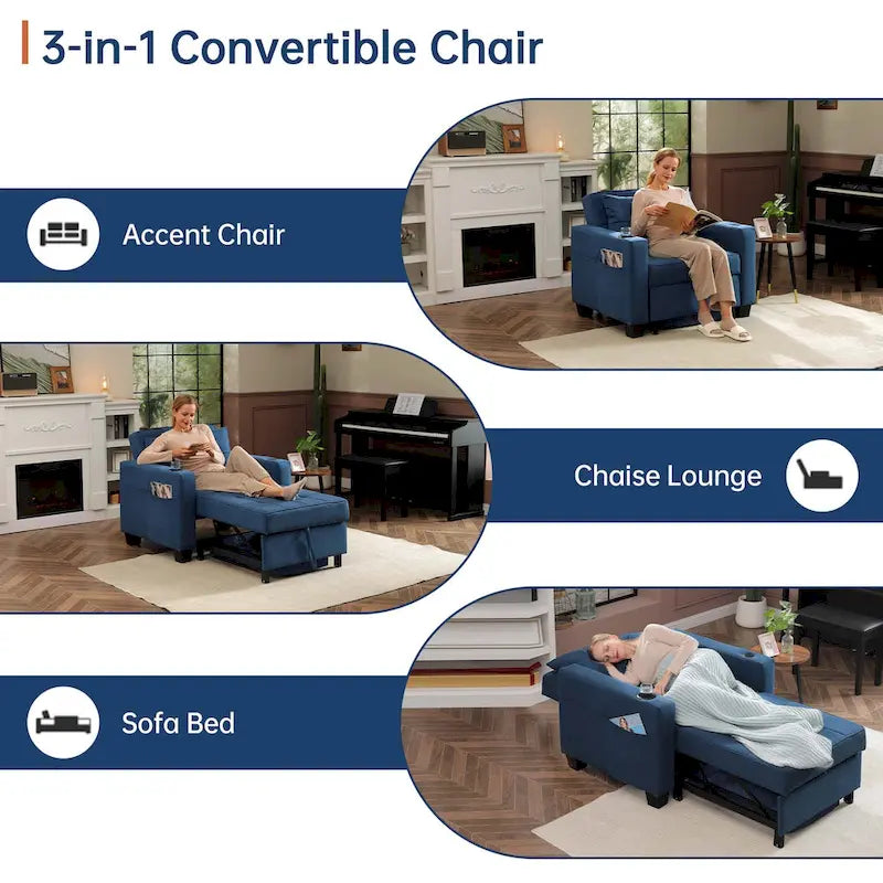 Fauteuil Futon Convertible 3-en-1, Canapé Lit Pliant pour Salon