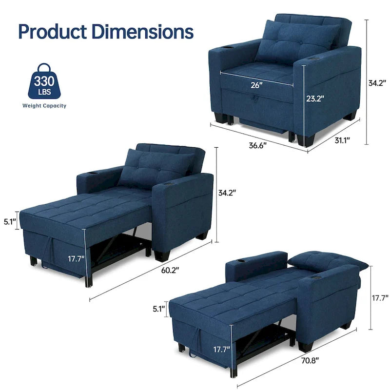 Fauteuil Futon Convertible 3-en-1, Canapé Lit Pliant pour Salon