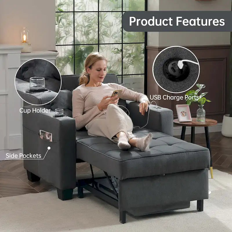 Fauteuil Futon Convertible 3-en-1, Canapé Lit Pliant pour Salon
