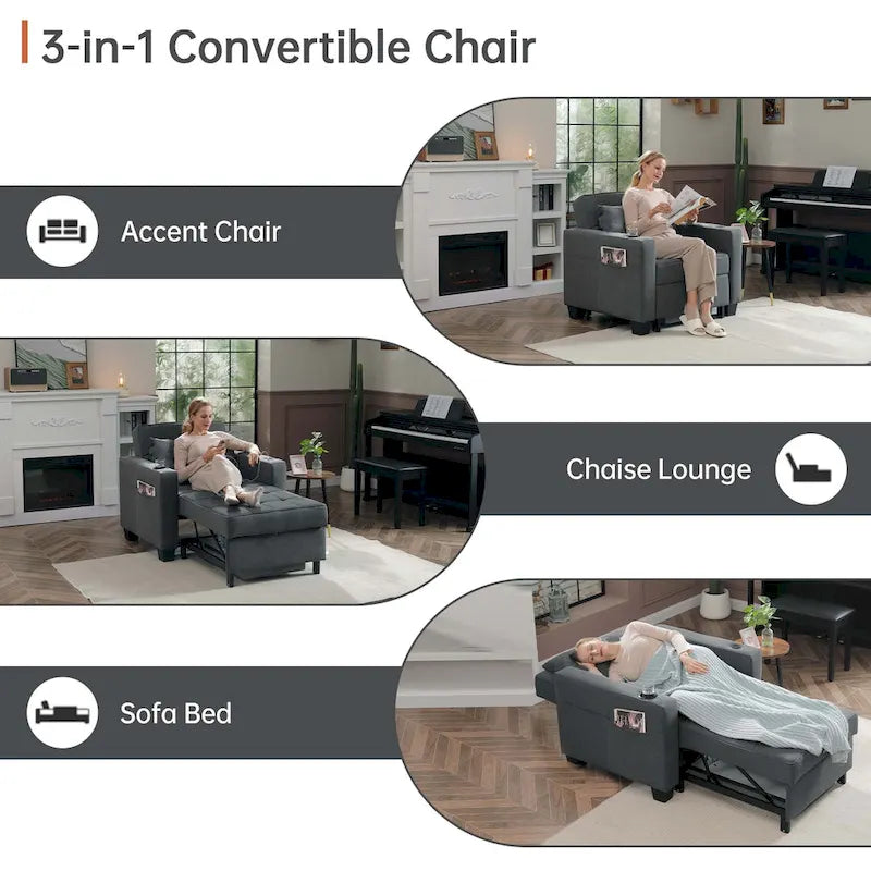 Fauteuil Futon Convertible 3-en-1, Canapé Lit Pliant pour Salon