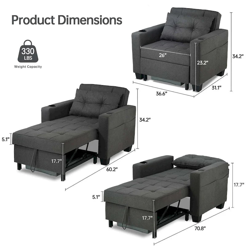 Fauteuil Futon Convertible 3-en-1, Canapé Lit Pliant pour Salon
