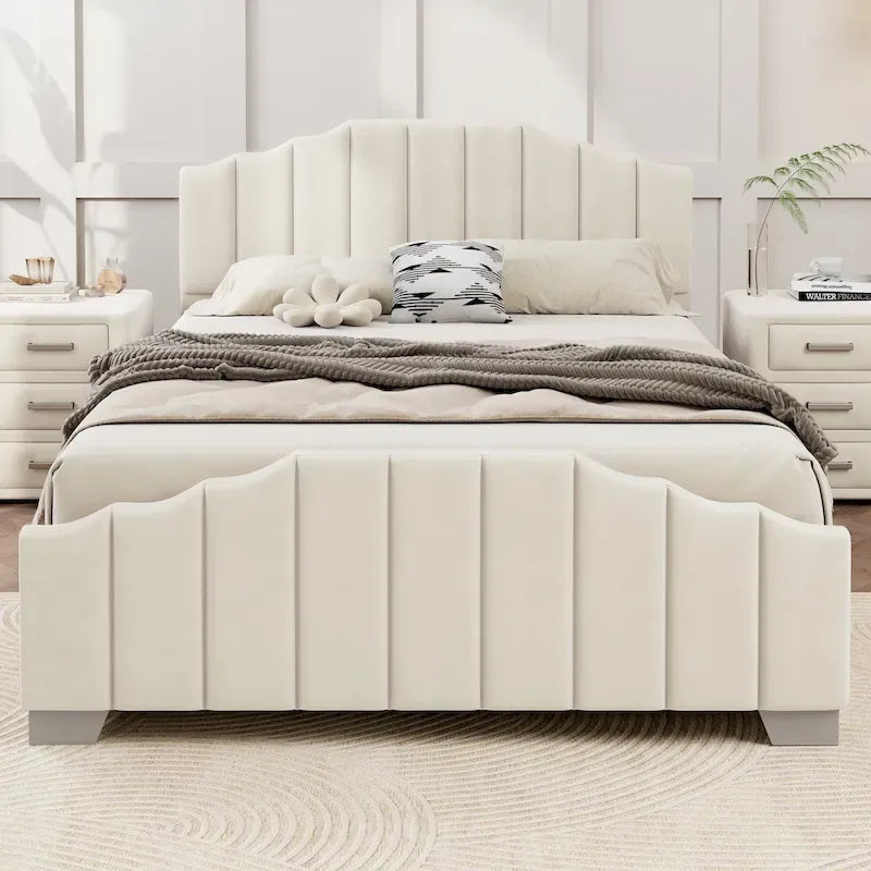 Lit plateforme grand lit/queen, cadre rembourré en velours, tête de lit et pied de lit touffetés, sans sommier tapissier, beige