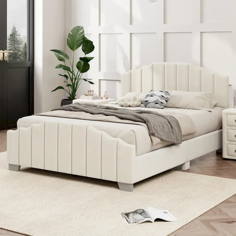 Lit plateforme grand lit/queen, cadre rembourré en velours, tête de lit et pied de lit touffetés, sans sommier tapissier, beige