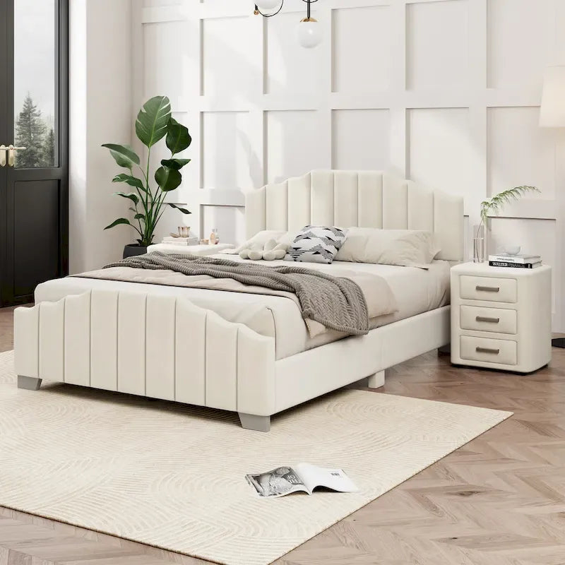 Lit plateforme grand lit/queen, cadre rembourré en velours, tête de lit et pied de lit touffetés, sans sommier tapissier, beige
