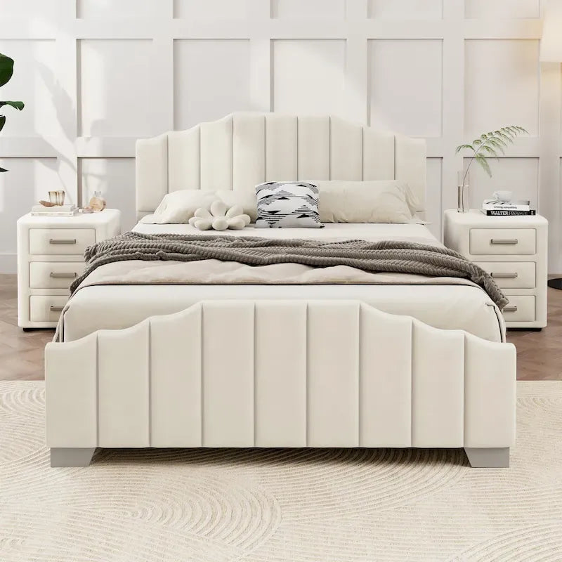 Lit plateforme grand lit/queen, cadre rembourré en velours, tête de lit et pied de lit touffetés, sans sommier tapissier, beige