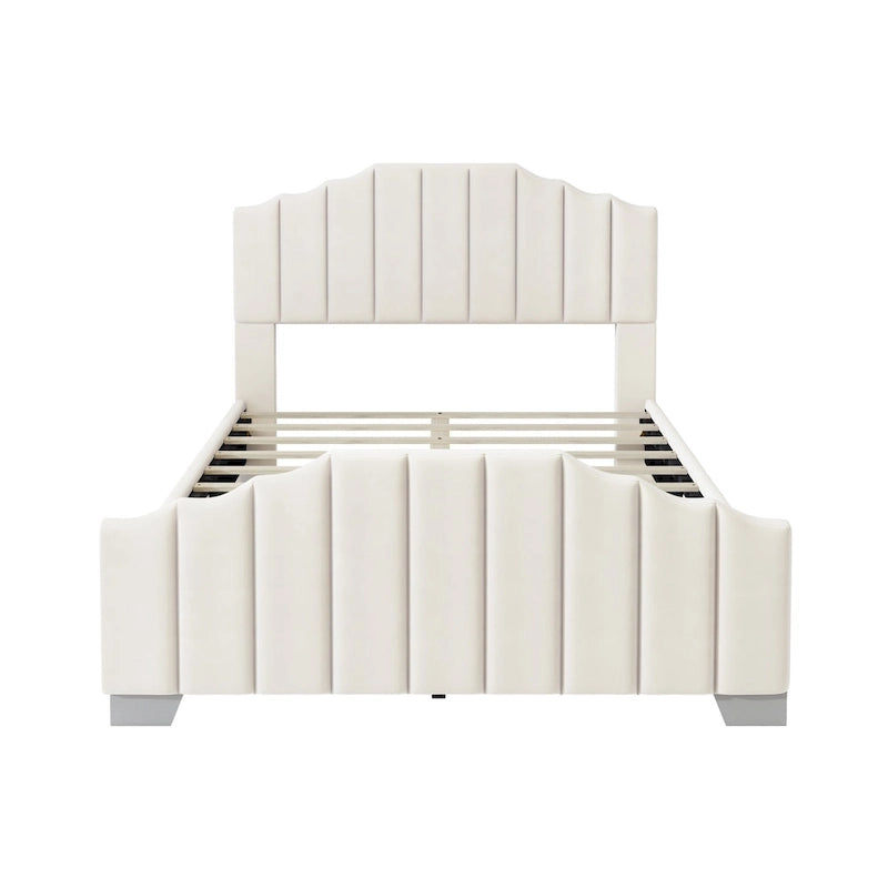 Lit plateforme grand lit/queen, cadre rembourré en velours, tête de lit et pied de lit touffetés, sans sommier tapissier, beige