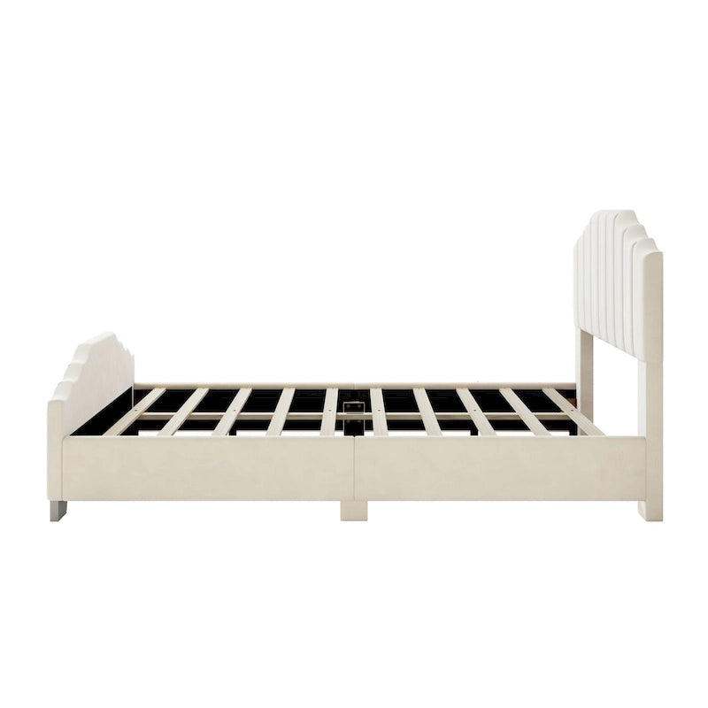 Lit plateforme grand lit/queen, cadre rembourré en velours, tête de lit et pied de lit touffetés, sans sommier tapissier, beige