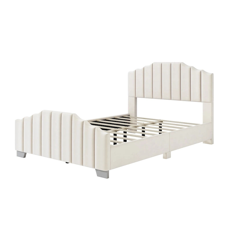 Lit plateforme grand lit/queen, cadre rembourré en velours, tête de lit et pied de lit touffetés, sans sommier tapissier, beige