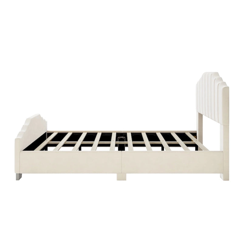 Lit plateforme grand lit/queen, cadre rembourré en velours, tête de lit et pied de lit touffetés, sans sommier tapissier, beige
