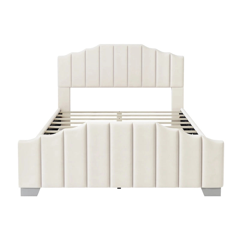 Lit plateforme grand lit/queen, cadre rembourré en velours, tête de lit et pied de lit touffetés, sans sommier tapissier, beige