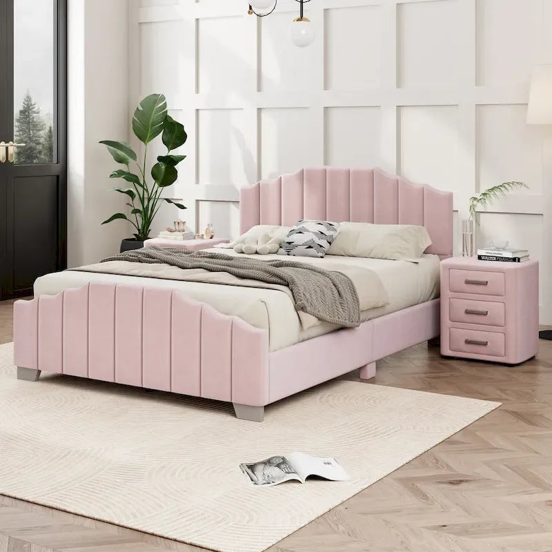 Lit plateforme grand lit/queen, cadre rembourré en velours, tête de lit et pied de lit touffetés, sans sommier tapissier, beige
