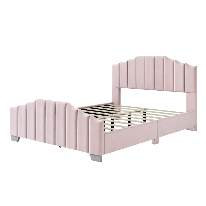 Lit plateforme grand lit/queen, cadre rembourré en velours, tête de lit et pied de lit touffetés, sans sommier tapissier, beige