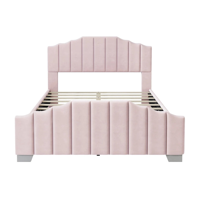 Lit plateforme grand lit/queen, cadre rembourré en velours, tête de lit et pied de lit touffetés, sans sommier tapissier, beige