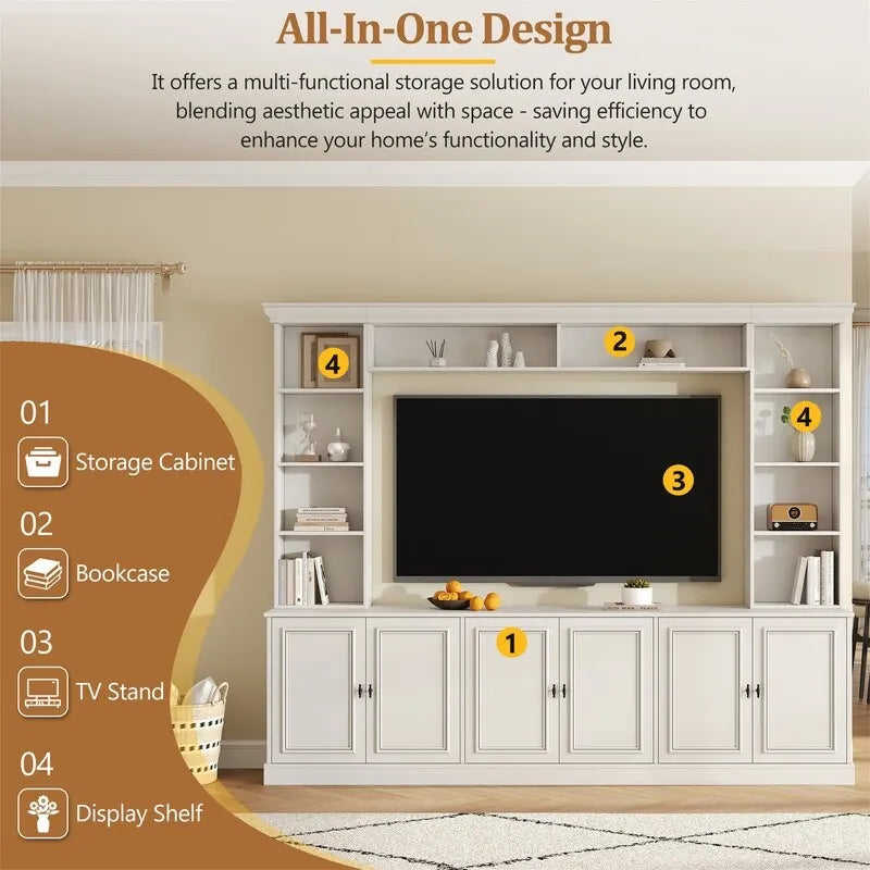 Ensemble meuble TV mural 4 pièces avec étagère, meuble TV polyvalent avec étagère réglable, console multimédia avec pont