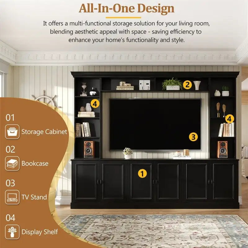 Ensemble meuble TV mural 4 pièces avec étagère, meuble TV polyvalent avec étagère réglable, console multimédia avec pont