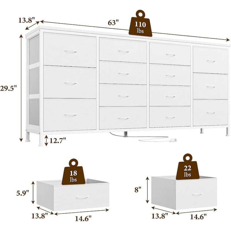 Commode à 14 tiroirs, Meuble TV blanc de 160 cm