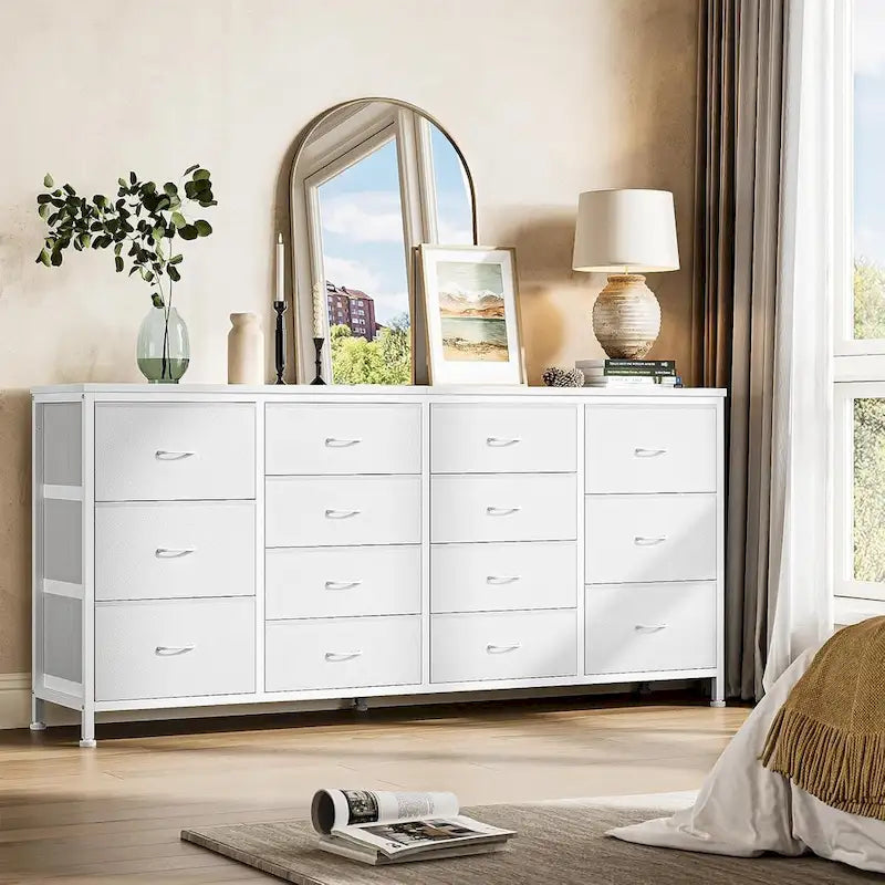 Commode à 14 tiroirs, Meuble TV blanc de 160 cm