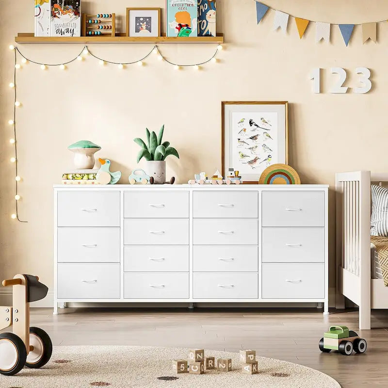 Commode à 14 tiroirs, Meuble TV blanc de 160 cm