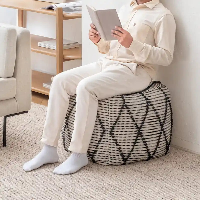 Pouf Ottoman - Revêtement en mélange de coton avec rembourrage ferme en billes EPP - Repose-pieds ou siège d'appoint pour salon
