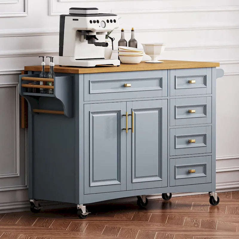 52 Îlot de cuisine avec abattant, texture en relief, sur roulettes avec étagère à épices, porte-serviettes, 2 portes et 5 tiroirs