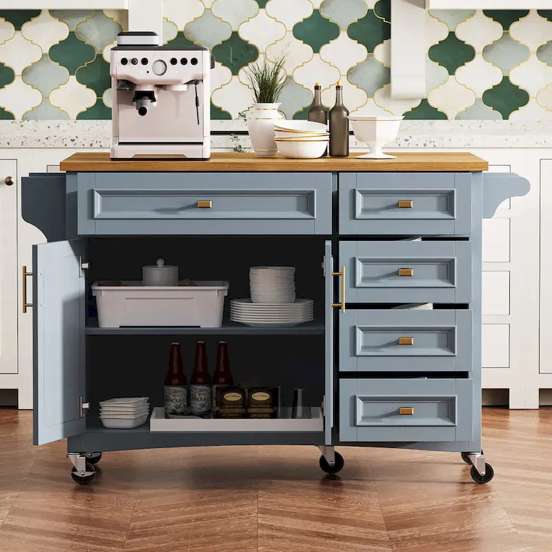 52 Îlot de cuisine avec abattant, texture en relief, sur roulettes avec étagère à épices, porte-serviettes, 2 portes et 5 tiroirs
