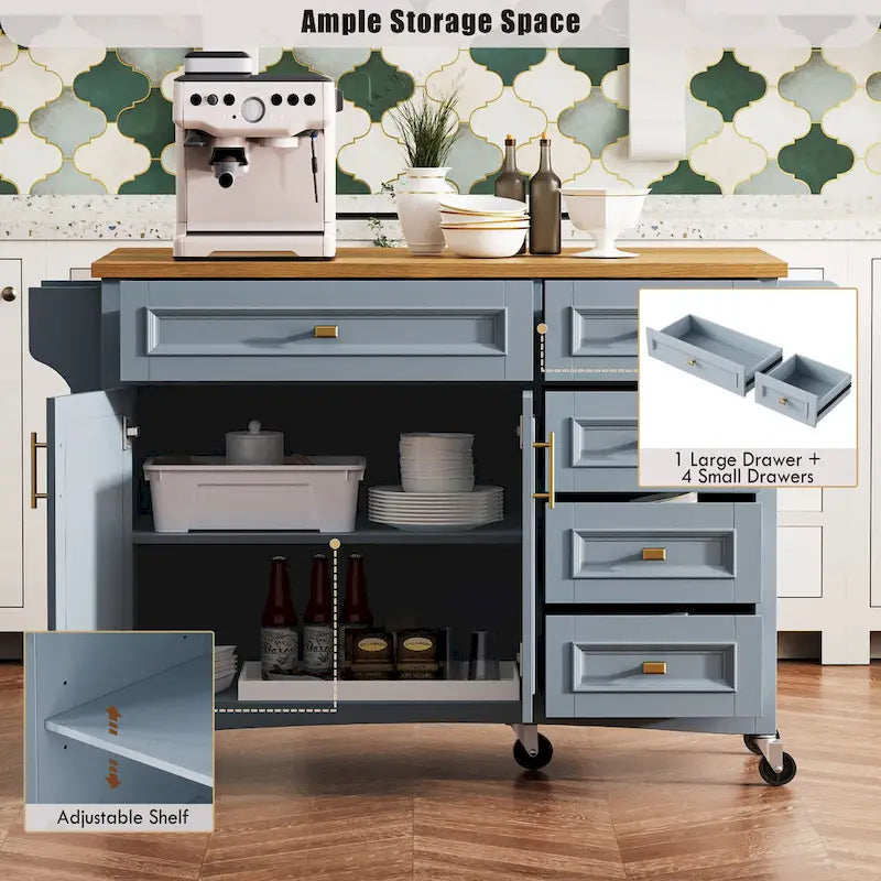 52 Îlot de cuisine avec abattant, texture en relief, sur roulettes avec étagère à épices, porte-serviettes, 2 portes et 5 tiroirs