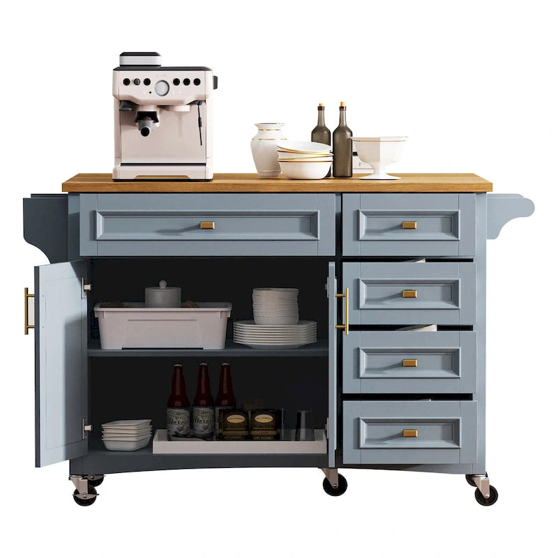 52 Îlot de cuisine avec abattant, texture en relief, sur roulettes avec étagère à épices, porte-serviettes, 2 portes et 5 tiroirs