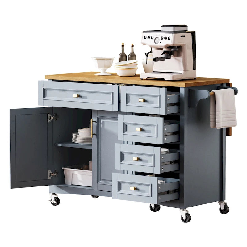 52 Îlot de cuisine avec abattant, texture en relief, sur roulettes avec étagère à épices, porte-serviettes, 2 portes et 5 tiroirs