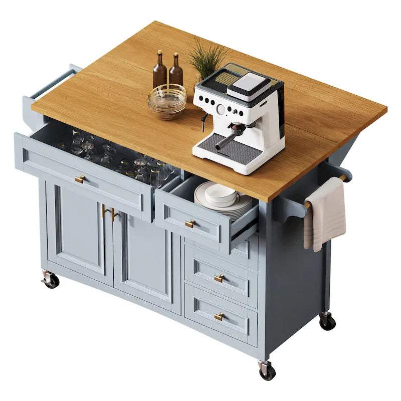 52 Îlot de cuisine avec abattant, texture en relief, sur roulettes avec étagère à épices, porte-serviettes, 2 portes et 5 tiroirs