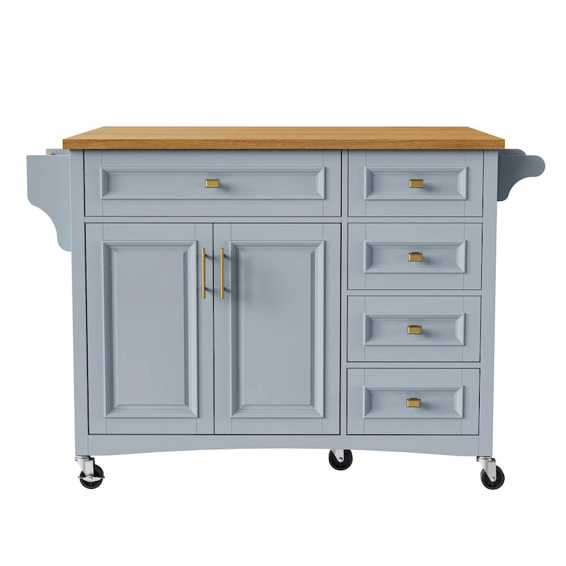 52 Îlot de cuisine avec abattant, texture en relief, sur roulettes avec étagère à épices, porte-serviettes, 2 portes et 5 tiroirs