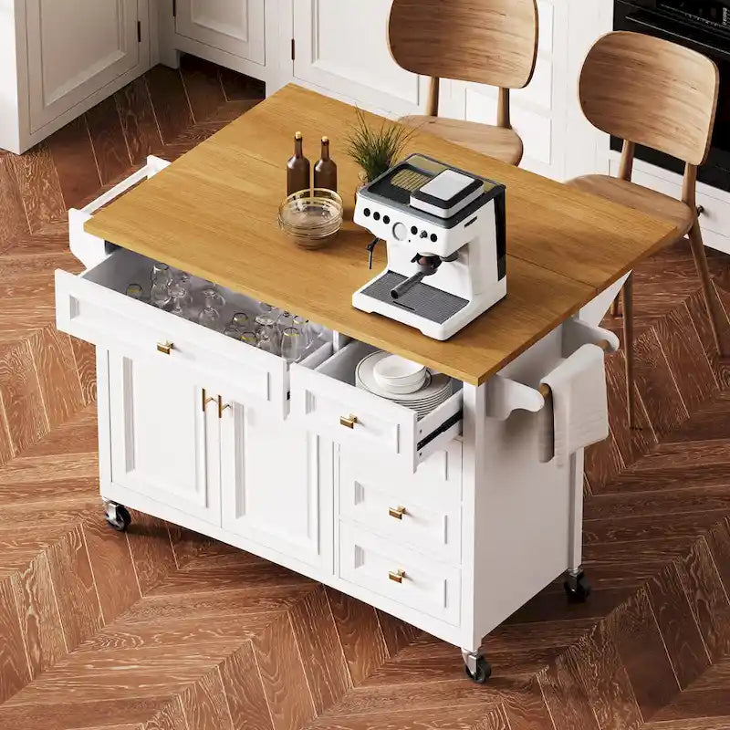 52 Îlot de cuisine avec abattant, texture en relief, sur roulettes avec étagère à épices, porte-serviettes, 2 portes et 5 tiroirs