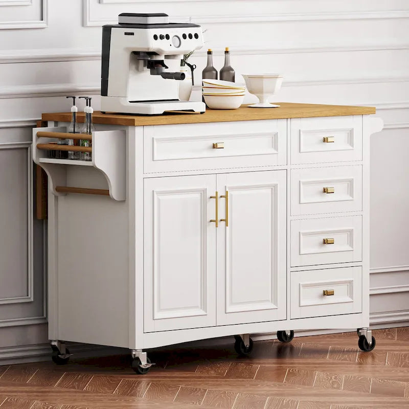 52 Îlot de cuisine avec abattant, texture en relief, sur roulettes avec étagère à épices, porte-serviettes, 2 portes et 5 tiroirs
