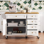 52 Îlot de cuisine avec abattant, texture en relief, sur roulettes avec étagère à épices, porte-serviettes, 2 portes et 5 tiroirs
