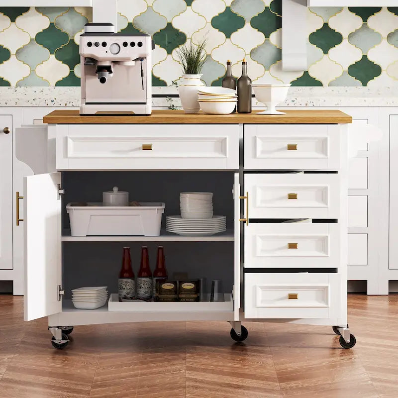 52 Îlot de cuisine avec abattant, texture en relief, sur roulettes avec étagère à épices, porte-serviettes, 2 portes et 5 tiroirs