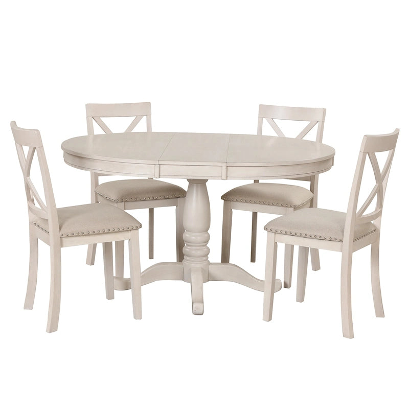 Ensemble de salle à manger vintage 5 pièces en bois avec table ronde extensible et 4 chaises
