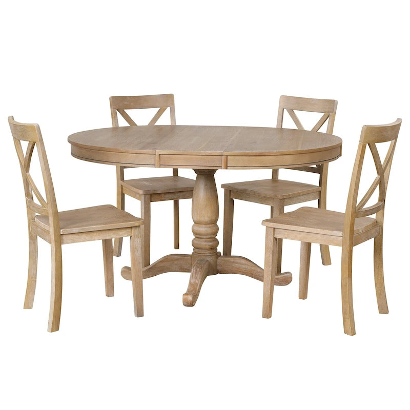 Ensemble de salle à manger vintage 5 pièces en bois avec table ronde extensible et 4 chaises