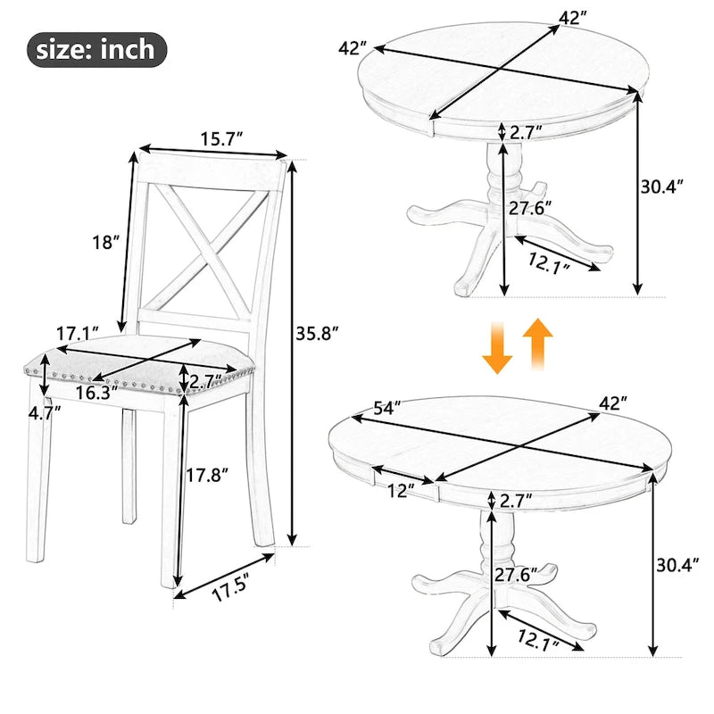 Ensemble de salle à manger vintage 5 pièces en bois avec table ronde extensible et 4 chaises