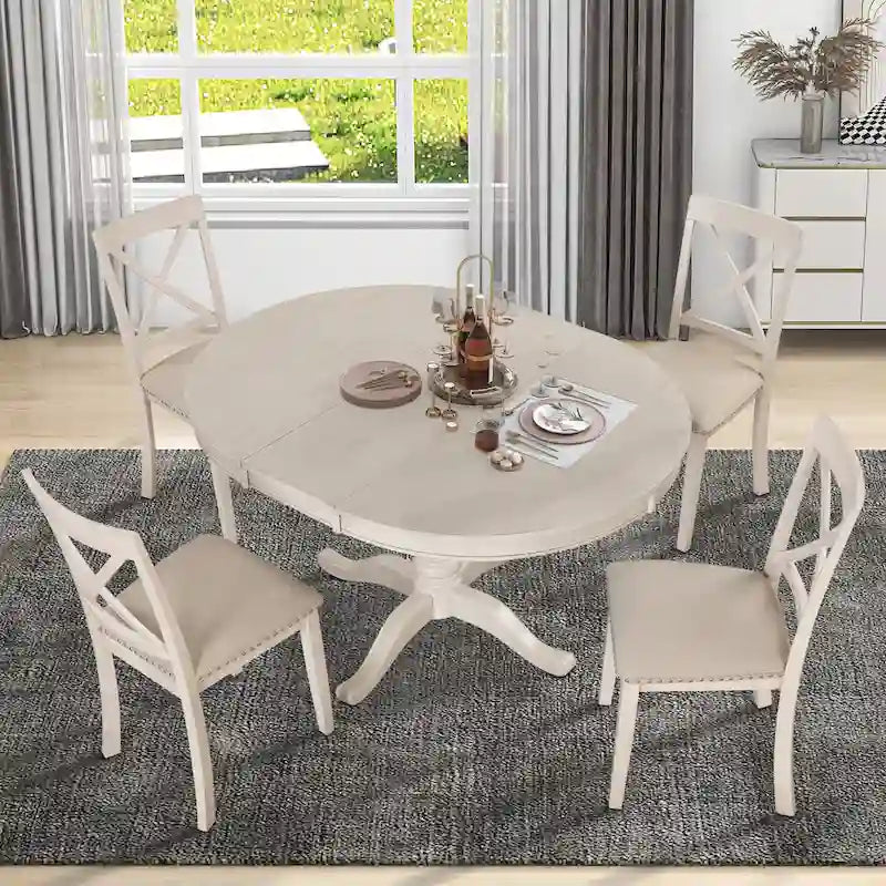 Ensemble de salle à manger vintage 5 pièces en bois avec table ronde extensible et 4 chaises