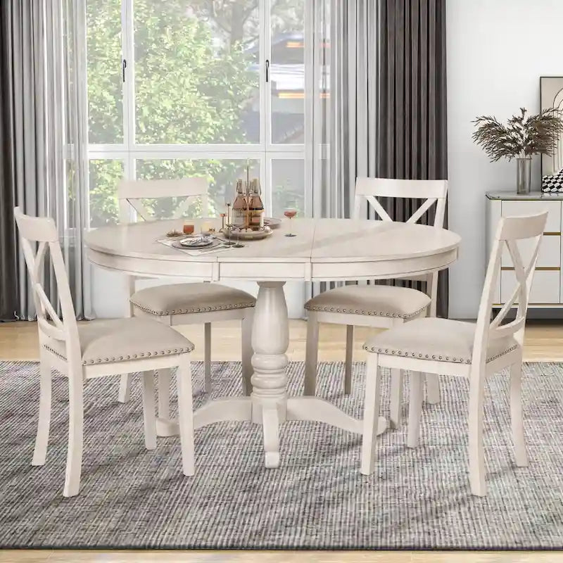 Ensemble de salle à manger vintage 5 pièces en bois avec table ronde extensible et 4 chaises