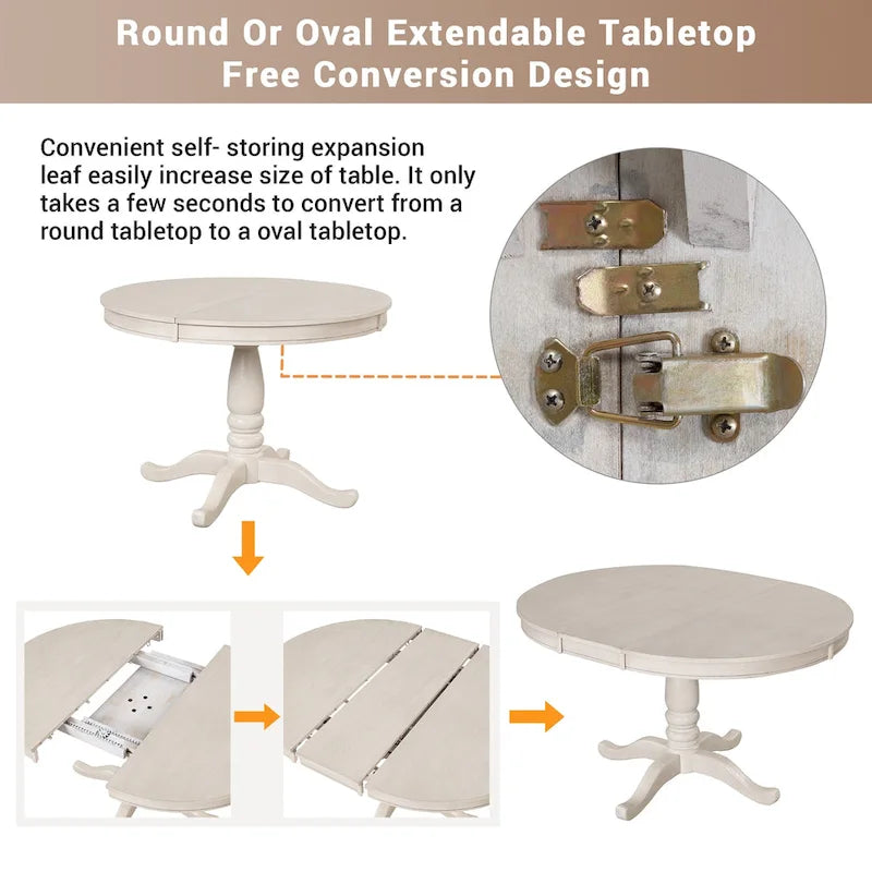 Ensemble de salle à manger vintage 5 pièces en bois avec table ronde extensible et 4 chaises