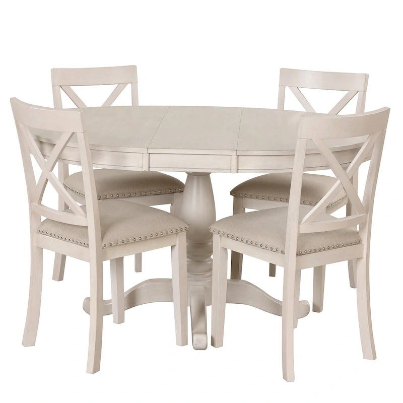 Ensemble de salle à manger vintage 5 pièces en bois avec table ronde extensible et 4 chaises