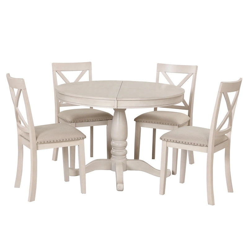Ensemble de salle à manger vintage 5 pièces en bois avec table ronde extensible et 4 chaises