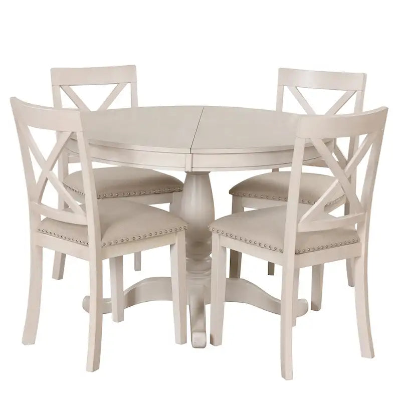 Ensemble de salle à manger vintage 5 pièces en bois avec table ronde extensible et 4 chaises